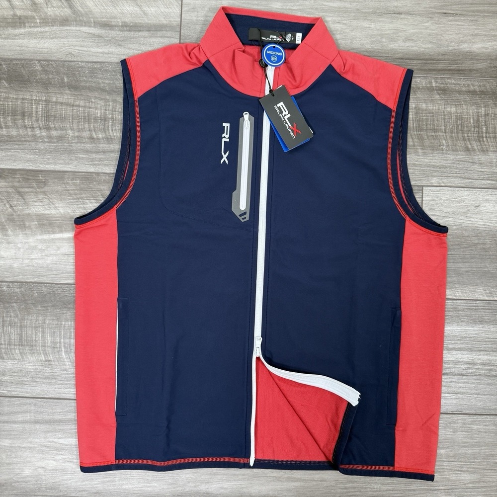 RLX‎ Ralph Lauren Men's Paneled Stretch Terry Vest Golf Red Navy Size Large NEW